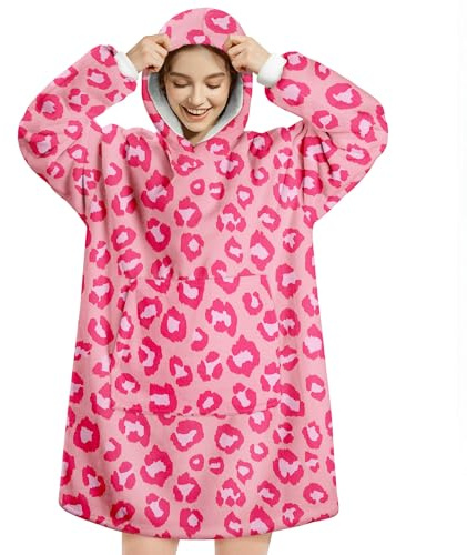 Queenshin Hoodie Decke Oversize Rosa Leopard mit Ärmeln Kuscheldecke Deckenpullover für Damen Herren, Tragbare Decke zum Anziehen Erwachsene, Übergroßer Hoodie Sweatshirt Sherpa Warm und Weich