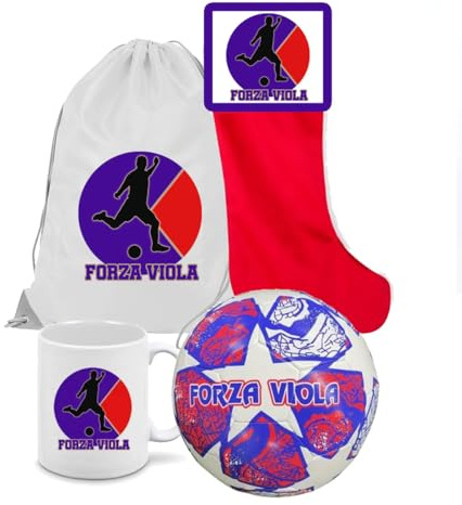 Bellissima calza della befana del tifoso Viola Fiorentina mix di dolciumi assortiti 275 g + 3 gadget: tazza ceramica, sacca in nylon e pallone cuoio n.5 Firenze