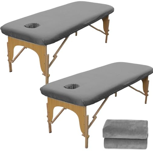 2 Stück Bezug für Massageliege: 80 x 190cm Spannbezug für Massageliege Ölresistent, Waschbare Beauty Bettbezug mit Loch, Elastisches Massagetische Bezug für Kosmetik-Tische, Spa, Therapie-Bänke(Grau)