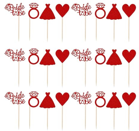Qiantull 24 Stück Glitter Cupcake Toppers Hochzeit Tortendeko Braut Hochzeitskleid Diamant Ring Bride to Be Cupcake Toppers Kuchen Dekoration für Brautdusche Hochzeit Verlobung Party Rot