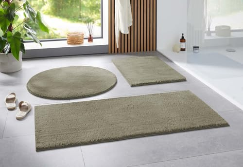Taracarpet Badematte Uni Boho rutschfest, waschbar, Badezimmer-Teppich, Bad-Vorleger, WC Deko, Duschvorleger für Dusche und Badewannen weich und als Set kombinierbar New Grün 080 cm rund