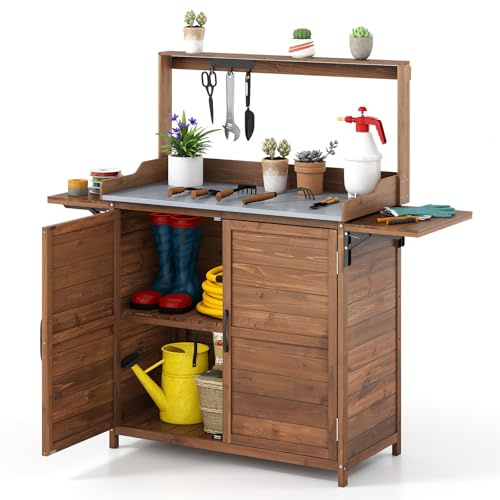 COSTWAY Garden Potting Table, Wooden Potting Bench with Metal-Plated Tabletop, Foldable Side Shelves, Adjustable Shelf & Hooks, Outdoor Planting Germination Workstation for Patio Yard, 138x47x128cm