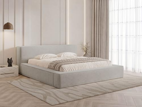 GRAINGOLD Mali Bett 140x200, Polsterbett mit Bettkasten, Polsterbett mit Stauraum, Velours-Stoff, mit Lattenrost, mit Kopfteil, ohne Matratze (Grau, 140x200)
