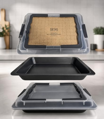 DAHLMANN DESKI Backblech mit Transportdeckel 42,5x29,5x7,5 cm – Antihaftbeschichtet, auslaufsicher, ideal für Kuchen, Aufläufe & Transport, robust & leicht zu reinigen