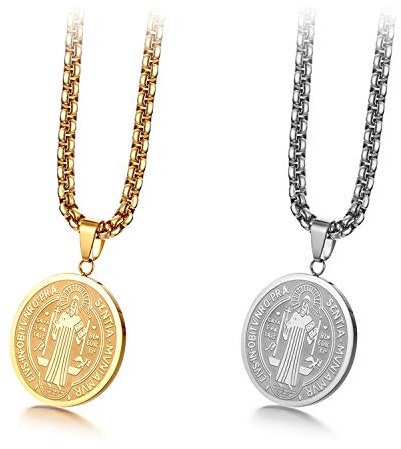 JewelryWe Halskette Mit Medaillenanhänger, Heiliger Benedikt, Verstellbare Kette, Edelstahl, Christlicher Schmuck, Mit Geschenkbox, Farbe Silber Oder Gold