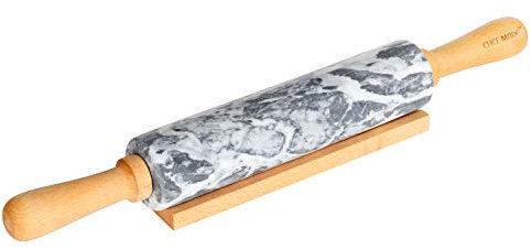CHEFMADE Rouleau à pâtisserie en marbre de 18 pouces avec poignées en bois et berceau,Antiadhésif approuvé par la FDA (gris et blanc)