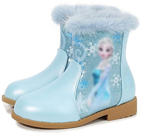 New front Bambina Stivali da Cerniera Caldo Stivali Corti Carino Stivali da Neve per Bambine e Ragazze Frozen Elsa Scarpe di Cotone con Paillettes,Blu,25EU