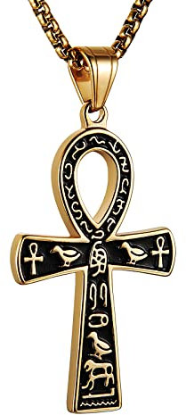 HZMAN Edelstahl großen Ankh Kreuz Anhänger Halskette altägyptischen Hieroglyphen Symbol 22 + 2 Zoll Kette (Gold)