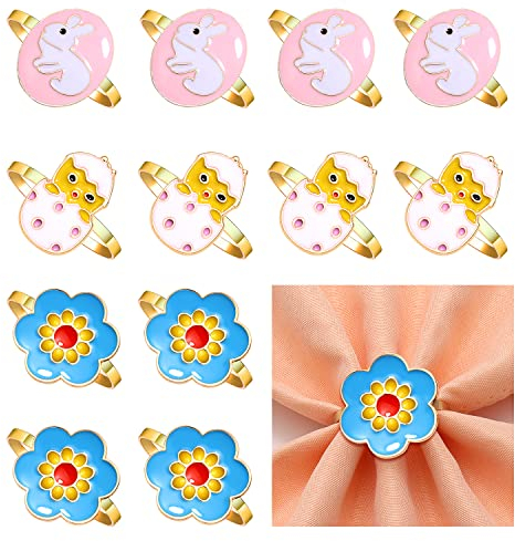 Set mit 12 Serviettenringen aus Emaille, Osterhasen-Ei, Blütenblätter, Serviettenringe, niedliche Frühlings-Serviettenhalter, Ringe, Feiertags-Tischdekorationen