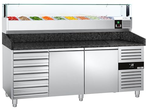 GGM Gastro | POS208SSG#AGS204LND | Pizzakühltisch PREMIUM - 2000x800mm - mit 2 Türen & 7 Schubladen - inkl. Kühlaufsatzvitrine LED - 9x GN 1/3