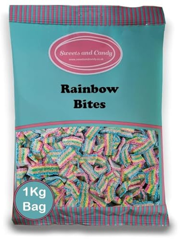 Sweets and Candy® Rainbow Bites 1Kg - Retro Bite Size Fizzy Rainbow Colour Belts - Packed With Fruity Flavour and Coated With Tangy Sugar - Bulk 1 Kilo Bag - Pick and Mix Share Size Bags
