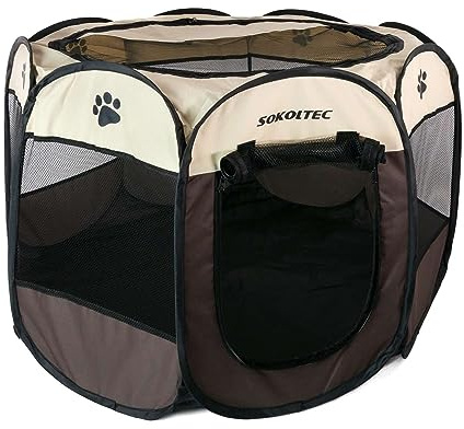 Intirilife Laufstall für Haustiere 77 x 58 cm Spielzelt aus Oxford-Gewebe in Braun mit Pfoten - Faltbar mit Tragetasche für Hunde Katzen Welpen Stall Tierlaufstall