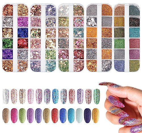 Nagel Glitter Nail Art Pailletten Holographische Nagel Flitter Sequin Abziehbilder für Maniküre Gesicht Augen Lippen Haare Körper 60 Grids 5 Kisten
