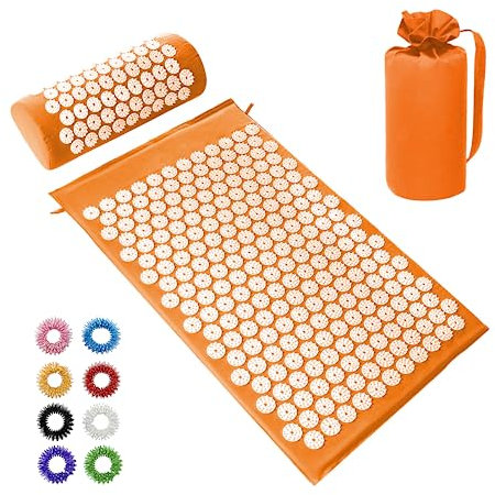 BULZEU Akupressurmatte mit Kissen,Akupressur Set gegen Nacken und Rückenschmerzen,Akupunkturmatte Acupressure Mat Massagematte zur Wohltuenden Entspannung und Massage,mit 8 Massagebälle(Orange)