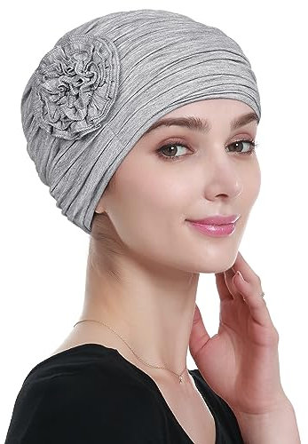 Alnorm Frauen Turban Beanie Hut mit Blume Hanf Hellgrau