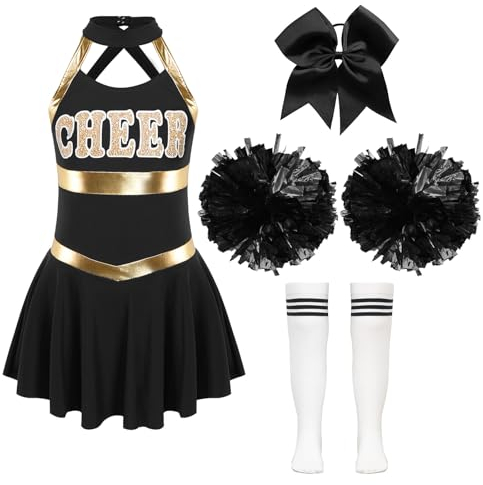 Jowowha Mädchen Cheer Leader Cheerleading Kostüm Schulmädchen Uniform Kleid mit Zubehör Halloween Kostüm Karneval Fasching Party Outfits Weiß&Schwarz 134-140
