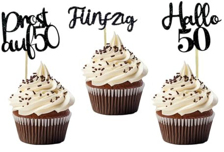 LOINFE Geburtstag Cupcake Topper, 24 Stück Cake Topper Geburtstag, Happy Birthday 50 Jahre Kuchendeko, Tortendeko für Party Dekoration Kuchen Dekorationen(Schwarz)