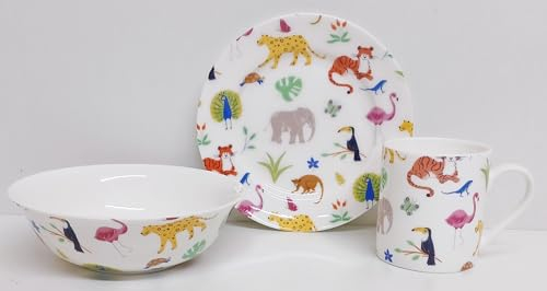 One Day at The Zoo Breakfast Set 3 Pieces Plate Mug & Cereal Bowl Fine Bone China Kids Children Set Animals Collage Hand Decorated UK