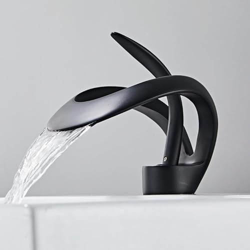 Messing Wasserfall Wasserhahn Kern, elegantes Einloch Badezimmer Waschbecken, einzigartiger zeitgenössischer Waschtisch für hohen Schwanen Wasserhahn (schwarz)