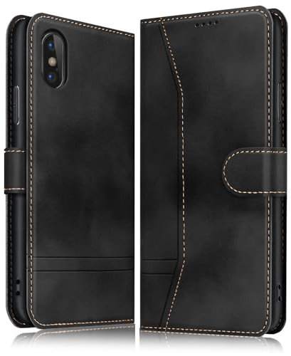 JeQueen Coque pour iPhone X, Coque pour iPhone XS - Etui Portefeuille Protection Housse Fermeture Magnétique Cuir PU Flip, Porte Carte, Fonction Support - pour iPhone X/iPhone XS (Noir)