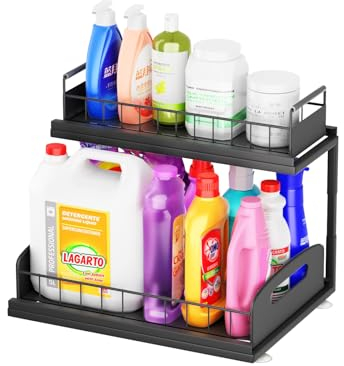 SUMAITech Unter Waschbecken Regal Küche, Spülschrank Organizer aus Metall, 2 Etagen Unterschrank Organizer, Spülschrankregal, Ausziehbare Küchenablage, Mehrzweck Organizer für Küche Bad, Schwarz