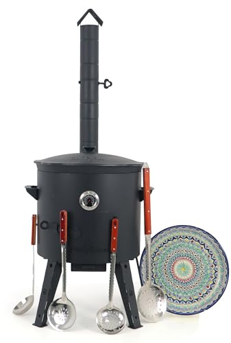 Feuerofen Utschak Ø 44 cm mit Thermometer Gusseisen Kazan 16 L Ø 46,5 cm Runder Boden Lagan Ø 37 cm Schaumlöffel 64 cm 2 Schaumlöffel 48 cm Schöpfkelle 48 cm Asia (Set 5)