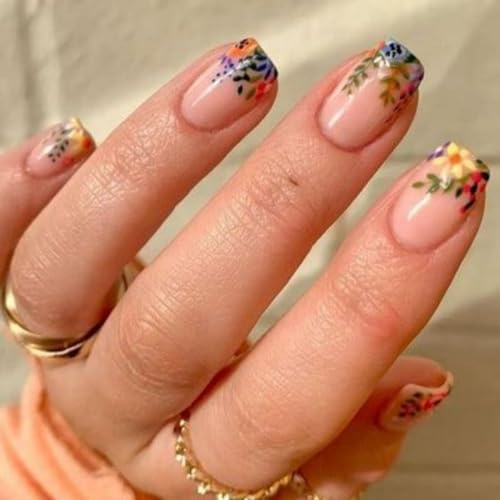 JUSTOTRY Lot de 24 faux ongles courts à coller - Motif fleurs colorées - Nude carré - Manucure française - Manucure française - Moyen - Pour femme