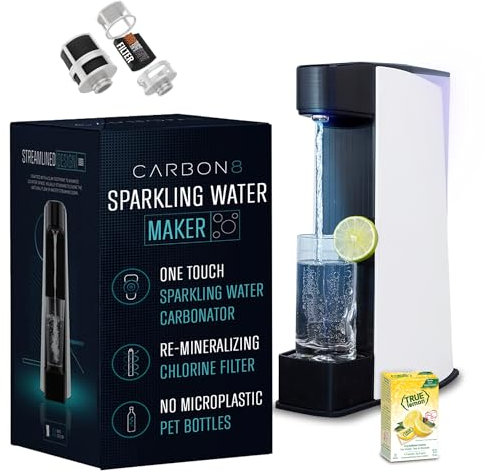 Carbon8 Machine à eau pétillante, machine à flux de soda domestique, gazéificateur de CO2 à vis, minéralisateur d'eau de comptoir, distributeur de soda Seltzer, cylindre de CO2 non inclus, blanc