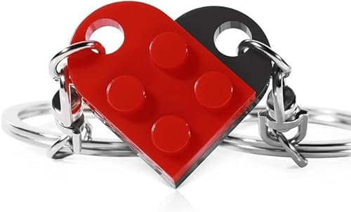Love Heart Keyring Set for Couples - 2 Brick Matching Keychains, Lego-Style Heart Keyring for Girlfriend Boyfriend/Friendship Gift (Black+Red)
