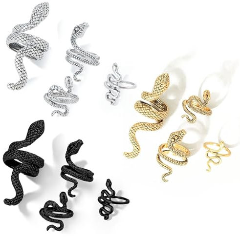 UBERMing 12 Stück Schlange Ring Set - Einstellbarer Punk Ring, Offene Gothic Schmuck Ringe, Schlangen Accessoires für Damen und Männer (Silber, Gold und Schwarz)