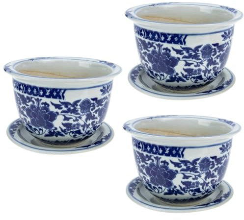 SUPVOX 3ensembles Pot Céramique pour Grand Pot De Balcon Bleu Chinoiserie avec -Plat pour Intérieur Et Extérieur Design Élégant Et Drainage pour des Plantes