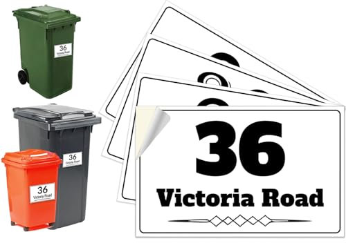 4 x Personalised Wheelie Bin Dustbin Sticker with House Number and Street Name Waterproof Bin Sticker Peel and Stick 100 x 150mm