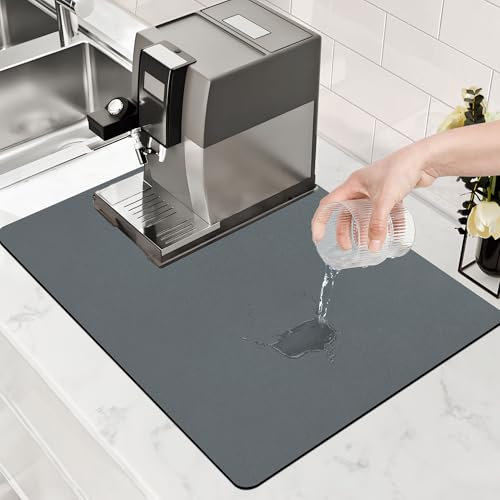 JOYIT 40 x 30 cm Abtropfmatte Geschirr, Schnelltrocknend Abtropfmatte Spüle, rutschfest Unterlage Kaffeemaschine Matte, Geschirr Abtropfmatte für Küche, Bad, Theke (Grau)