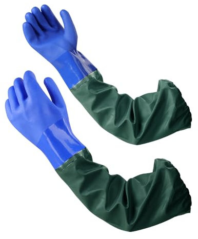 VETIN Gummihandschuhe Lang Wasserdicht, Arbeitshandschuhe Wasserdichte 68cm, Teichhandschuhe Lang Wasserdicht, Wasserdichte Handschuhe PU (Blau-Dünn)