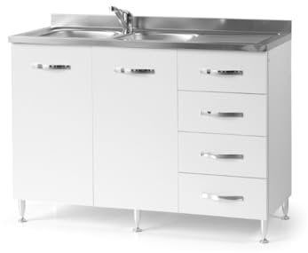 Linea Azzurra Sottolavello 120 Solo Mobile Cucina con 4 Cassetti e 2 Ante in Legno Made in Italy H85xL120xP50 cm Facile da Montare (Vasca a Sinistra, Bianco Frassinato)