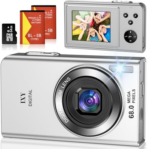 Cámara de Fotos 68MP 4K Cámara Digital Compacta con Zoom 16X 2,4 LCD Compacta Portátil Cámara con Tarjeta 64GB para Niños Principiantes Adulto (Plata)