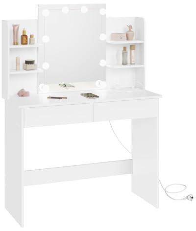 WOLTU Tavolino da Toilette, Scrivania con Specchio e 10 Lampadine LED Dimmerabili, 2 Cassetti e 4 Ripiani, Striscia di Alimentazione, Comò per Camera da Letto in Legno, Bianco, 90x40x135cm, MB6123ws