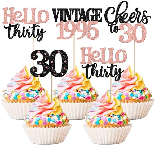 Xsstarmi 24 Pack 30th Birthday Cupcake Toppers Glitter 30 Hello Thirty Vintage 1995 Cupcake Picks Cheers to 30 Cake Decorations for 30 Fabulous Happy 30th Birrthday Party Supplies Rose Gold