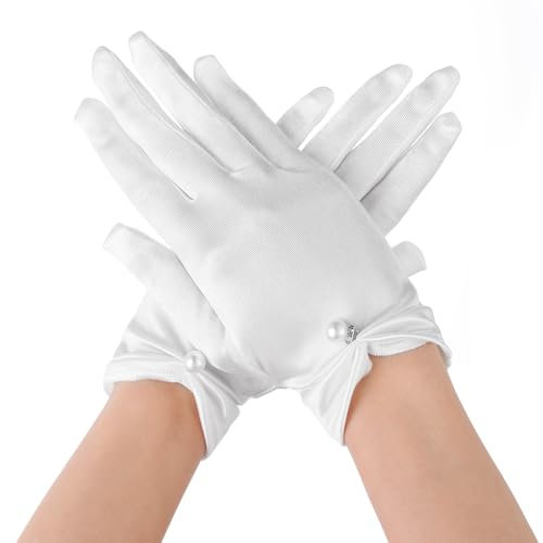 Yolev Weiße Handschuh Kurze Satin Handschuhe Damen Elegant Brauthandschuhe Blumenhandgelenk Spitzenhandschuhe Höflichkeits Sommer Hochzeits Oper Dinner Handschuhe