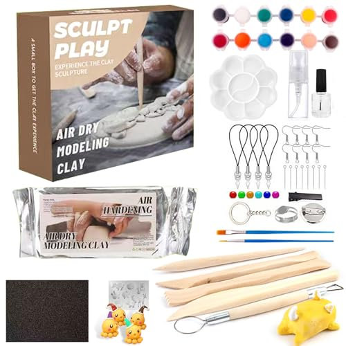 MeYuxg Home Pottery Kit for Beginners, Pottery Painting Kit for Adults, 500g Air Dry Clay, 13 Pottery Tools & Accessories,12 Colour Paints,Great DIY Craft Kit for Kids and Beginners