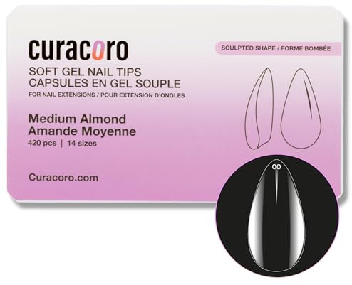 Curacoro Sculpted Nail Soft Gel Tips - 420Pcs Soft Gel Nail Extension Tips, 14 Sizes Clear Full Cover Fake Nails for Extension, Long-Lasting Salon Quality, Natural Look (Almond, Medium)