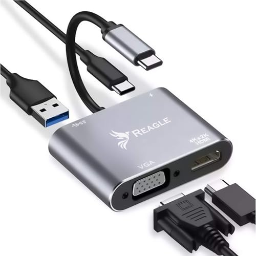 Reagle USB C Hub 4 in 1 Adapter mit HDMI 4K, VGA 1080p @60Hz, USB-A 3.2 Gen 1 und USB-C PD 87W, Multiport Docking Station Kompatibel mit MacBook, Monitor, Tablet, Smartphone, Aluminium Gehäuse