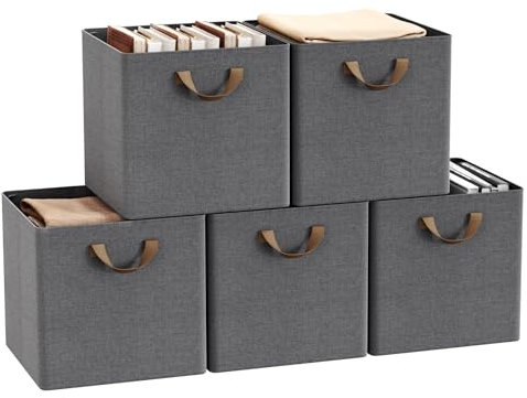 WOLTU Fabric Storage Boxes Set of 5, Collapsible Cube Baskets with Handles and Metal Frame, Wardrobe Organisers for Bedroom, Living Room, Study, Linen, Grey, 32.5x32.5x31cm