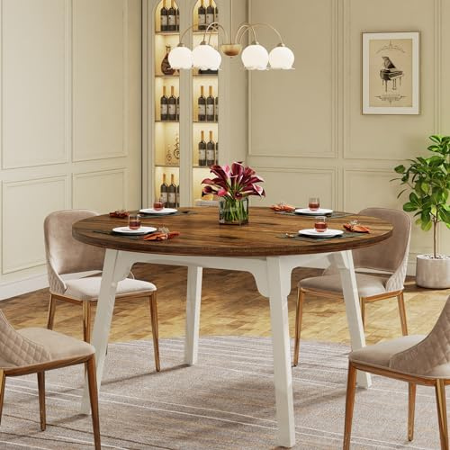 Tribesigns Mesa de comedor redonda de 120 cm para 4-6 personas - Mesa de cocina con patas de madera maciza para salón, cocina, comedor, blanco y marrón rústico