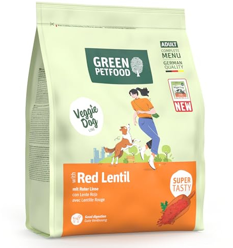 Green Petfood VeggieDog mit roter Linse | 900 g | Hundefutter trocken | Adult | Vegetarisches Premium Trockenfutter für erwachsene Hunde | weizenfrei | besonders verträglich mit Flohsamenschalen