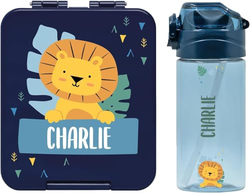 EASY2NAME Personalised drinking bottle and lunchbox set. Drinking bottle 450ml with straw. 100% BPA-free (Dark Blue)
