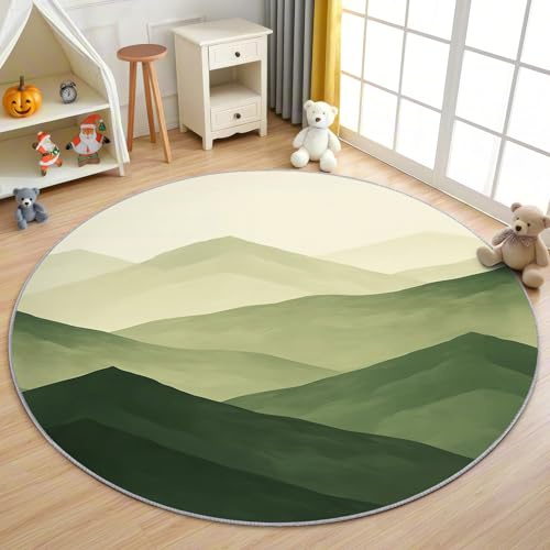 AevuCub Grün Ombre Teppich Rund 90 cm Kurzflor - Waschbare Teppiche Wohnzimmer Natur Modern - Runder Teppich 90 Durchmesser Kinderzimmer - Bettvorleger Schlafzimmer rutschfest Weich
