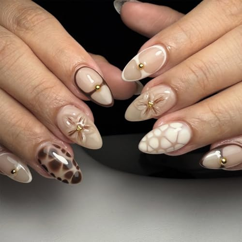 Nymora 24Pcs Short Almond Press On Nails, French Tip Nails Press Ons Glossy Red Fake Nails with Cute Design, Reusable False Nails Almond for Home Manicure 12 Sizes