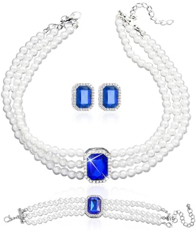 LjFrexia 3Pcs Perlen Schmuck Damen, Strass Kristall Perlen Choker Halsketten Armband Ohrringe, Mehrreihige Schmuck mit Kristallanhänger, für Frauen Braut Brautjungfer