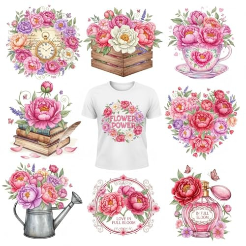 18 Sheets Peony DTF Heat Transfer Stickers, Watercolor Floral Iron-On Transfers (3.9 × 3.6 Inch) for T-Shirts, Hoodies, Sweatshirts & DIY Clothing Projects